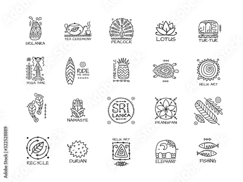 Sri Lanka travel, icons set. Tribal elements for your design