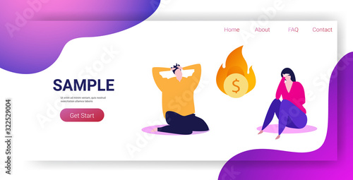stressful businesspeople frustrated about flaming dollar coin financial crisis bankruptcy investment failure risk concept man woman bankrupts holding head full length horizontal copy space vector