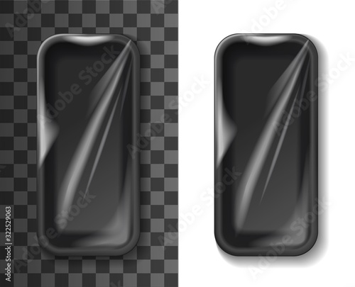 Styrofoam tray or box 3d vector template of plastic food container. Black foam package and empty pack mockup with plastic wrapping film, retail disposable food packaging supplies