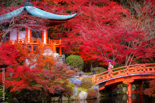 Japanese girl in kimono dress and Autumn park