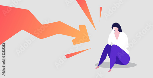 businesswoman frustrated about economic arrow falling down financial crisis bankruptcy investment risk concept stressed business woman holding head chart moving downward full length horizontal vector