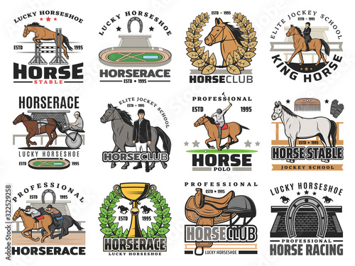 Horse and jockey vector icons of equestrian sport badges design. Thoroughbred race horses, riding club riders and polo mallet, hippodrome, trophy, equine whip and saddle, horseshoe, helmet, racetrack