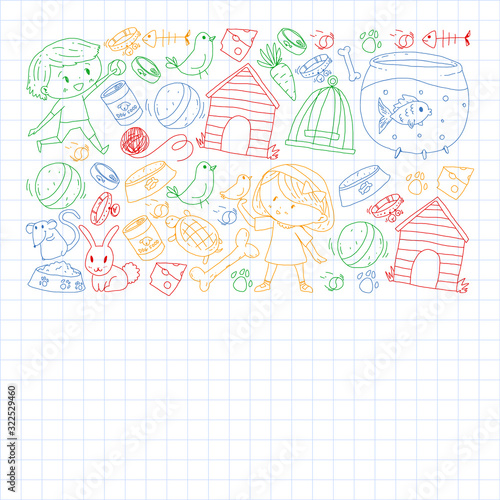 Pet shop. Vector illustration with animals, dog, cat, fish, Colorful background with kitten, bird, puppy. Veterinarian clinic.