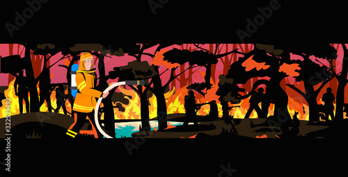 firefighter extinguishing dangerous wildfire in australia fireman spraying water from hose fighting bushfire firefighting natural disaster concept intense orange flames horizontal vector illustration