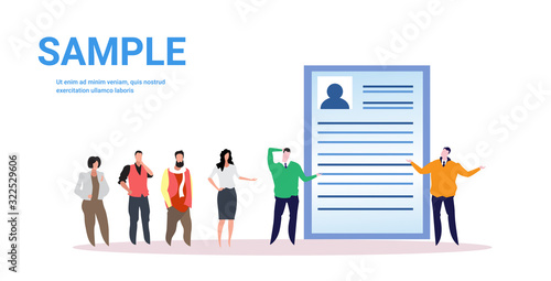 businesspeople candidates standing in line queue to prospective employer business people waiting for interview job employment concept full length horizontal copy space vector illustration