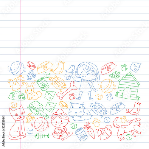 Pet shop. Vector illustration with animals, dog, cat, fish, Colorful background with kitten, bird, puppy. Veterinarian clinic.