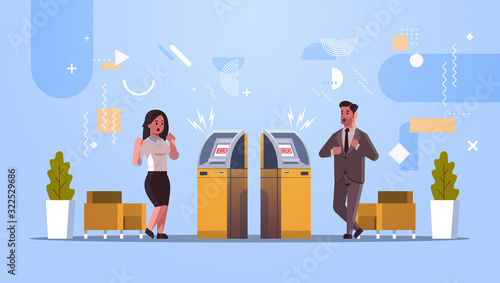 sad man woman customers near ATM machine with no money error notification financial crisis transaction denied locked bank credit card bad servise at bank concept horizontal full length vector
