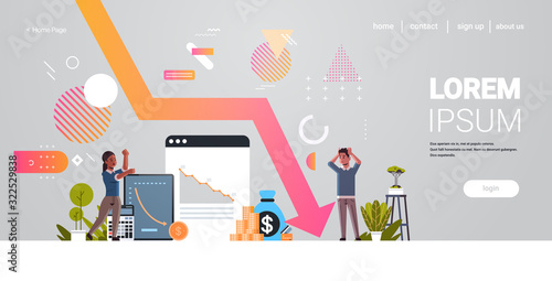 businesspeople frustrated about falling down arrow decrease economy stretching rising drop financial crisis failure concept stressed coworkers man woman couple full length horizontal copy space vector