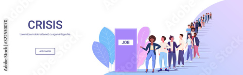 businesspeople candidates standing in line queue to door office hiring job employment crisis concept mix race workers crowd waiting for interview horizontal full length copy space vector illustration