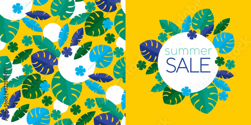Green tropical leaves summer sale banner on yellow.