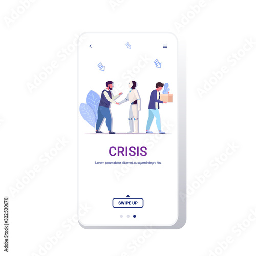 robot replacing human in office man kicked out of work jobless person unemployment financial crisis artificial intelligence technology concept smartphone screen mobile app copy space full length
