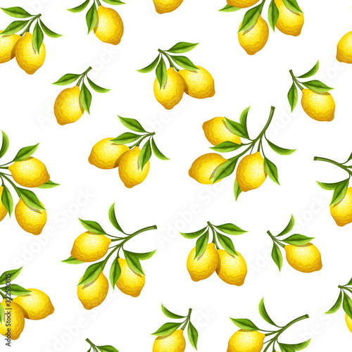 Vector seamless pattern with yellow lemon fruit branches on a white background.