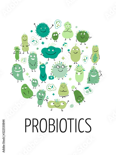 Funny and scary bacteria characters isolated on white. Vector icons of gut and intestinal flora, germs, virus.
