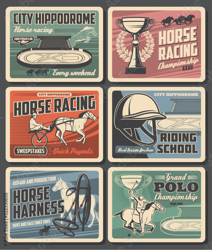 Equestrian sport vector design with horses and jockeys at hippodrome. Horse racing trophy cups, racehorses and equine harness, polo rider mallet and helmet, riding school racetrack, saddle, horseshoe