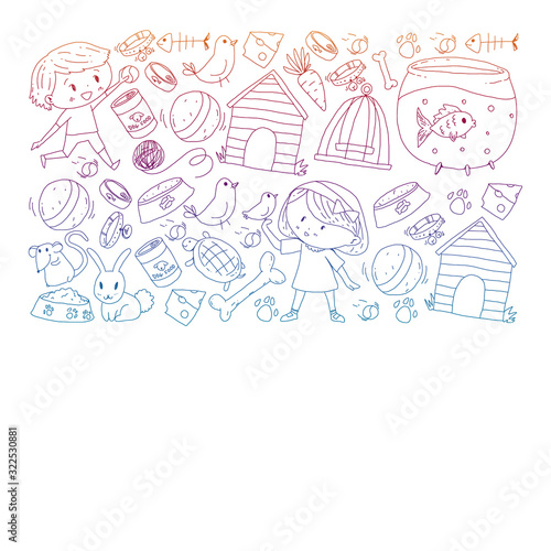 Pet shop. Vector illustration with animals, dog, cat, fish, Colorful background with kitten, bird, puppy. Veterinarian clinic.