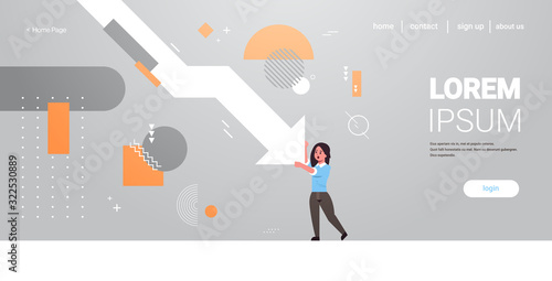 frustrated businesswoman holding economic arrow fall down financial crisis bankrupt investment risk concept horizontal full length copy space vector illustration