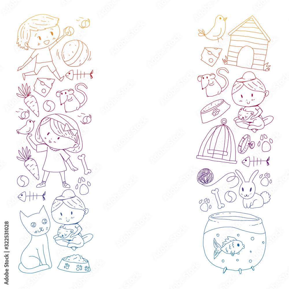 Pet shop. Vector illustration with animals, dog, cat, fish, Colorful background with kitten, bird, puppy. Veterinarian clinic. Pet shop. Vector illustration with animals, dog, cat, fish, Colorful background with kitten, bird, puppy. Veterinarian clinic.