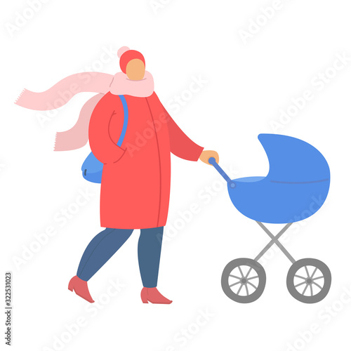 woman with a stroller, a young mother on a walk with her newborn