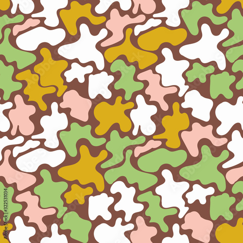 Abstract camouflage shapes in happy colors seamless vector pattern. Surface print design.