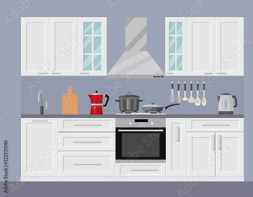 Modern kitchen interior with furniture and cooking devices. graphic design template. Working surface for cooking. vector illustration in flat design