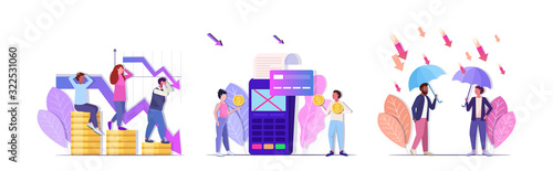 set businesspeople frustrated about financial crisis rejected payment transaction business protection concepts collection full length horizontal vector illustration