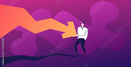stressed businessman stopping economic arrow falling down financial crisis bankrupt investment risk concept downward graph full length horizontal vector illustration