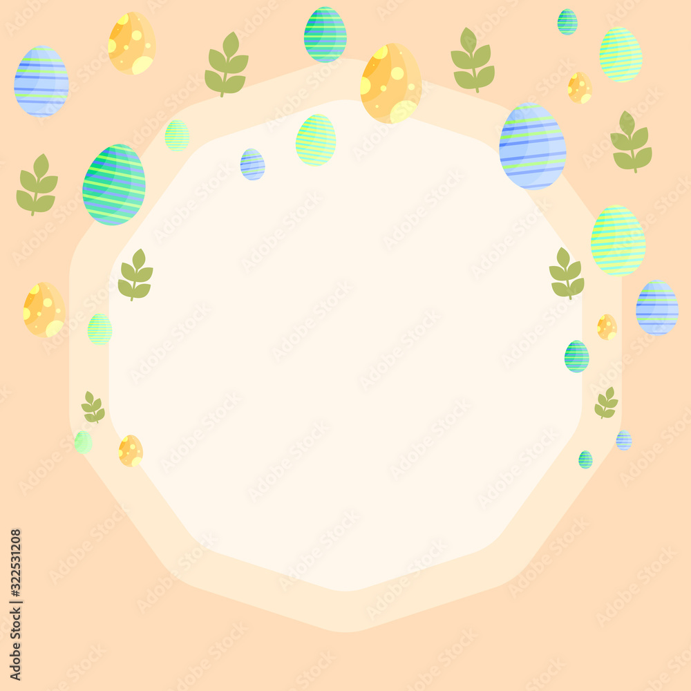 This is flat happy Easter Day background. Cute card with Easter eggs and leaves on yellow background. This is flat happy Easter Day background. Cute card with Easter eggs and leaves on yellow background.