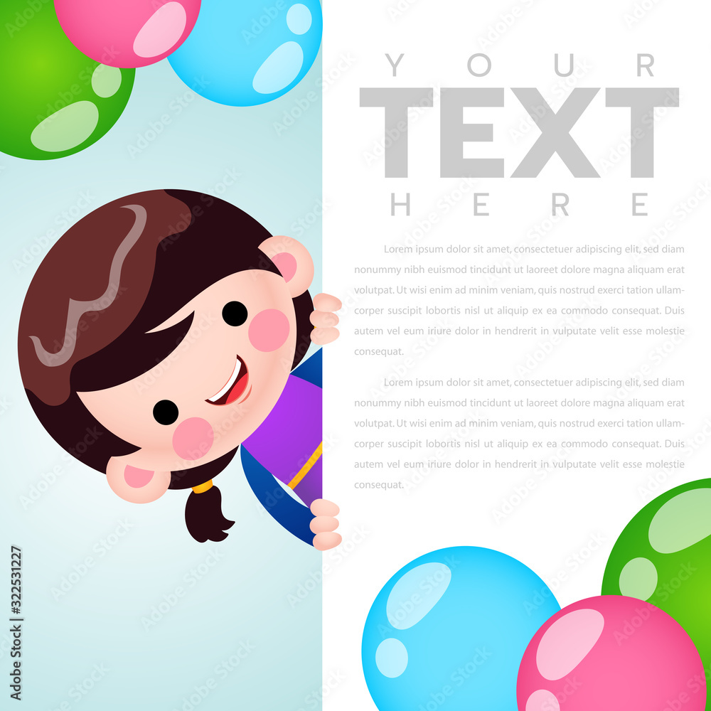 Cartoon Cute Little Girl Holding Party Birthday Invitation Banner Card Template. Blank Space For Text Design Cartoon Cute Little Girl Holding Party Birthday Invitation Banner Card Template. Blank Space For Text Design
