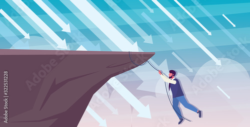 businessman climbing on cliff from abyss arrows falling down financial crisis bankruptcy investment risk concept business man hanging on rope full length horizontal vector illustration