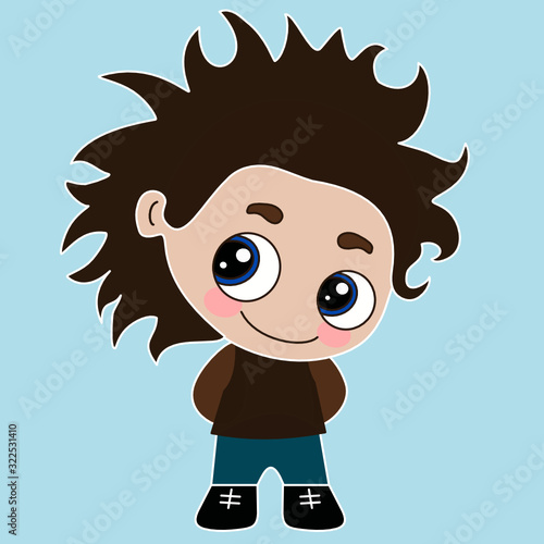 Emoticon with a modest and shy boy who stands with his head bowed, smiles and holds his hands behind his back, vector color emoji on isolated background