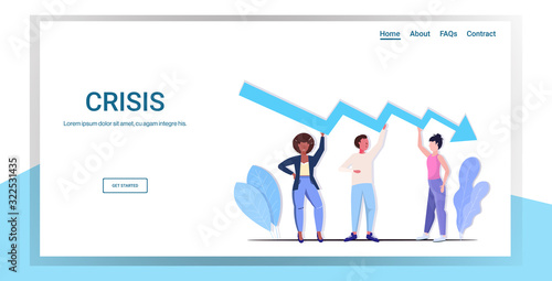 businesspeople team frustrated about economic arrow falling down financial crisis bankrupt investment risk concept business people holding downward chart full length copy space horizontal vector