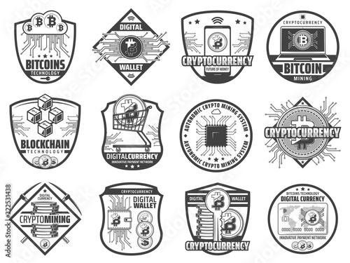 Cryptocurrency vector badges with bitcoins, crypto currency coins and blockchain, digital wallet, mining pickaxe, computer and mobile phone, data cloud, key and bank card. Cryptocurrency shield icons