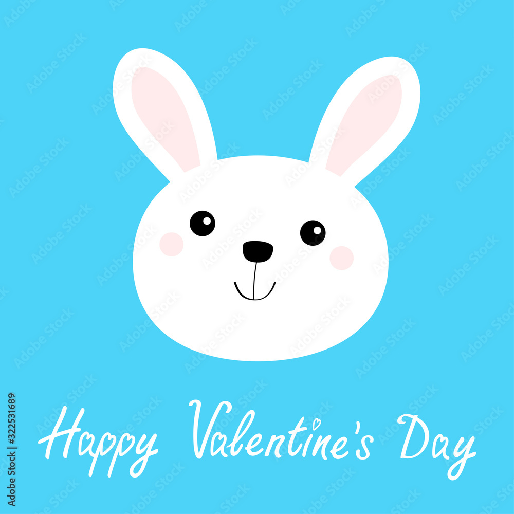 Fototapeta premium White bunny rabbit hare face head round icon. Happy Valentines Day. Cute kawaii cartoon funny character. Baby greeting card. Blue background. Flat design.
