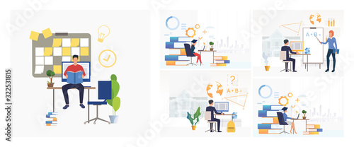 Set of employees attending business training. Flat vector illustrations of cartoon characters discussing presentation. Training concept for banner, website design or landing web page