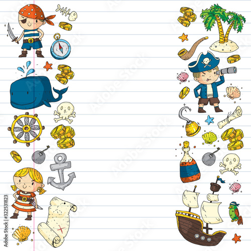 Pirate party. Illustrations for little children. Kids birthday celebration with treasure island, octopus, pirates