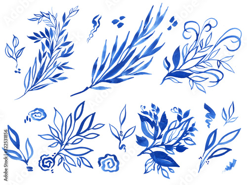 Large set with blue decorative twigs on a white isolated background. Watercolor plants, leaves, spirals, drawn by hand. Bright details for postcards.