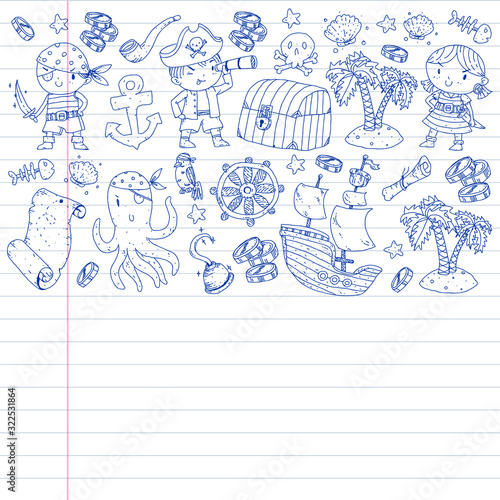 Pirate party. Illustrations for little children. Kids birthday celebration with treasure island, octopus, pirates
