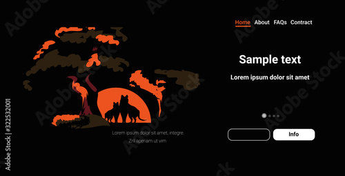wolves silhouettes near tree animals dying in bushfire forest fires in australia wildfire natural disaster concept intense orange flames horizontal copy space vector illustration