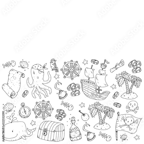 Pirate party. Illustrations for little children. Kids birthday celebration with treasure island, octopus, pirates