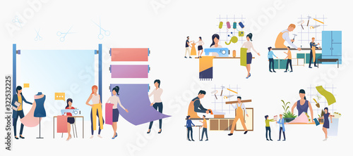 Handicraft industry set. Tailor, carpenter, florist at work. Flat vector illustrations. Occupation, job concept for banner, website design or landing web page