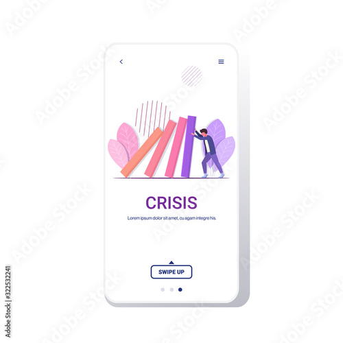 stressed businessman stopping domino effect crisis management chain reaction finance intervention conflict prevention concept smartphone screen mobile app full length copy space vector illustration