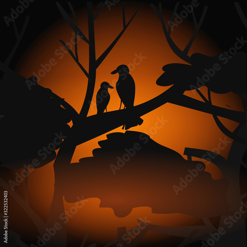 birds silhouettes sitting on branch escaping from fires in australia animals dying in wildfire bushfire natural disaster concept intense orange flames vector illustration