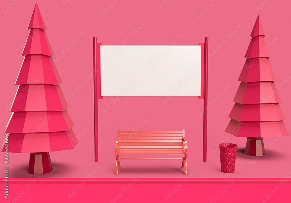 3d rendering of bench in the park with blank billboard on backside, 3d minimal concept on pink background for advertising