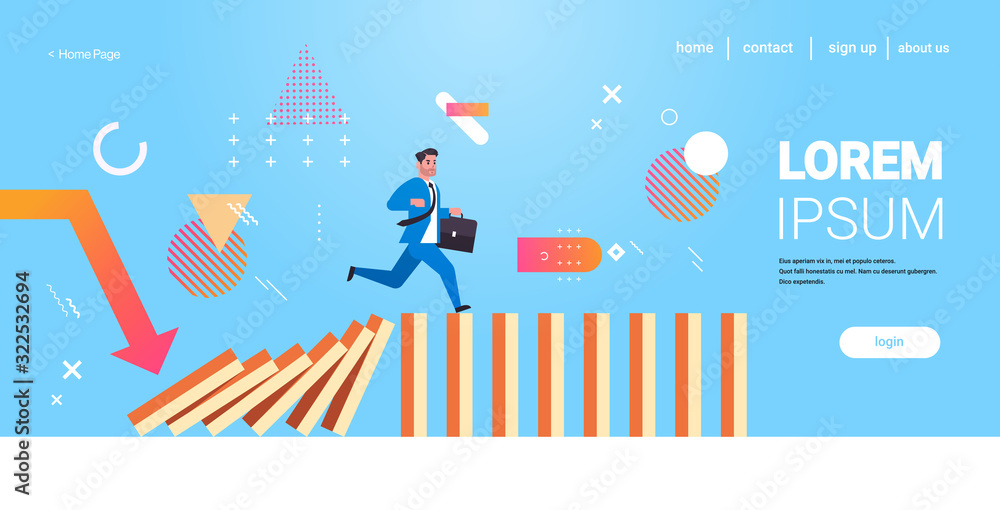 businessman running on falling dominos problem solving domino effect crisis management chain reaction finance intervention concept horizontal full length copy space vector illustration