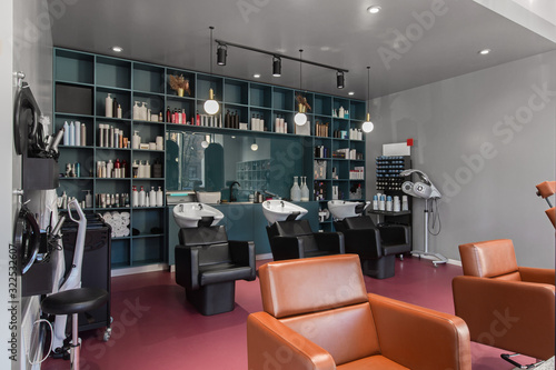 Large Room for hairdresser service in modern, stylish beauty Salon © Prostock-studio