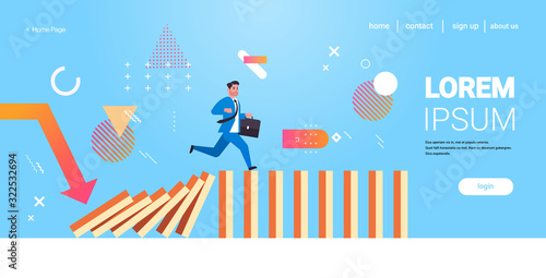 businessman running on falling dominos problem solving domino effect crisis management chain reaction finance intervention concept horizontal full length copy space vector illustration