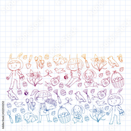 Vector pattern with easter and spring elements. Eggs in basket, bunny, flowers, birds