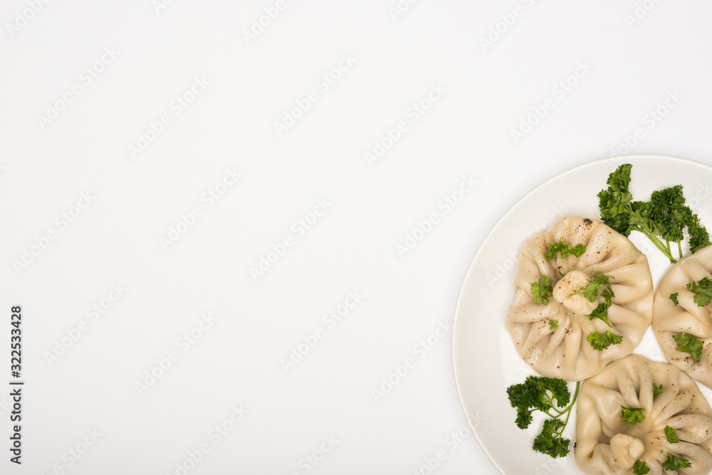 top view of delicious Khinkali with cilantro on plate on white background top view of delicious Khinkali with cilantro on plate on white background