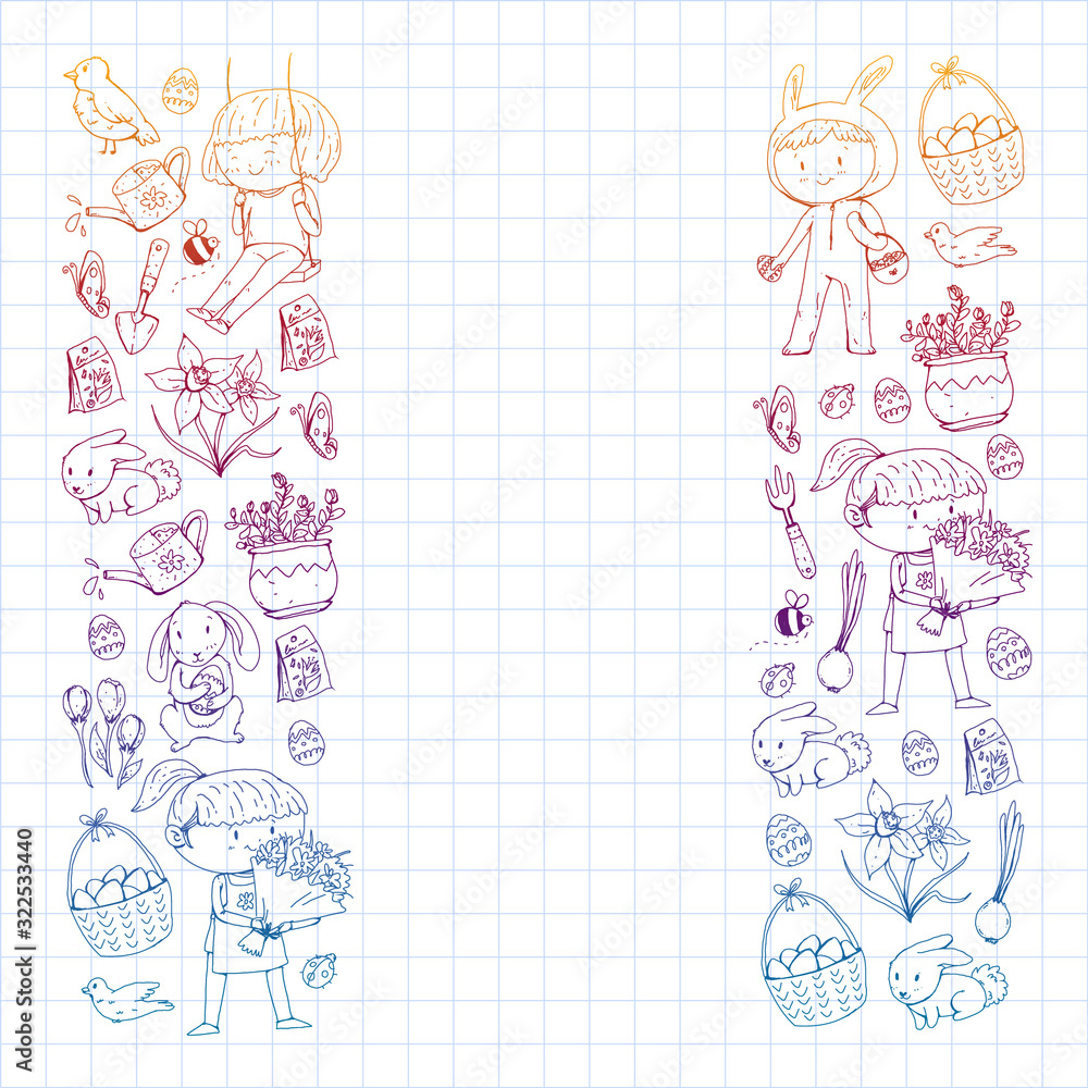 Vector pattern with easter and spring elements. Eggs in basket, bunny, flowers, birds Vector pattern with easter and spring elements. Eggs in basket, bunny, flowers, birds