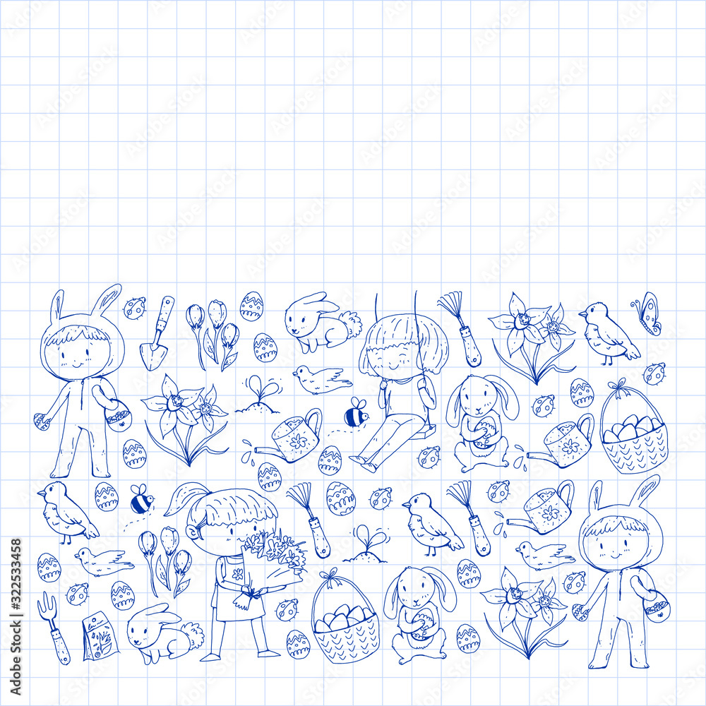 Vector pattern with easter and spring elements. Eggs in basket, bunny, flowers, birds Vector pattern with easter and spring elements. Eggs in basket, bunny, flowers, birds